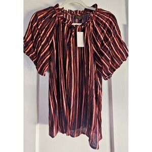 NWT MOD‎ LUSIVE womans S black red pink striped ruffle neck w/tie  blouse
